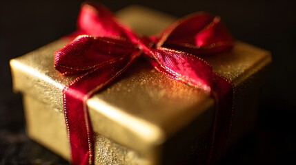 Golden gift box with red ribbon bow on velvet, evoking luxury and celebration