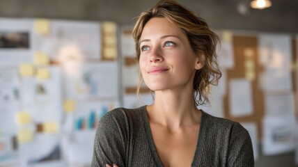 businesswoman career goal-setting. Confident woman smiling in a modern workspace with visual aids in the background.