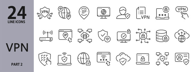 VPN line icons set with Network, Safety, Security, Server, Wifi, Password, Internet and more. Editable Stroke