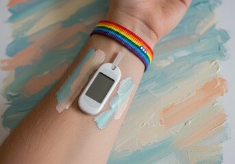 Blood Glucose Monitor with Colorful Background and Pride Bracelet in Creative Medical Concept