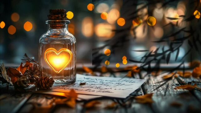 Glowing heart light inside glass jar with romantic bokeh and handwritten letter on wooden table seamless looping 4k time-lapse animation video background