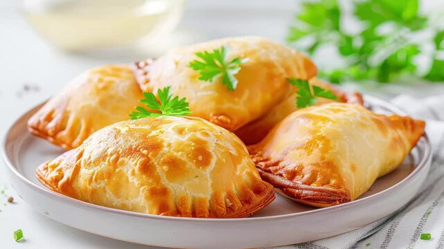 Pineapple empanadas on a plate, homemade, cozy kitchen
