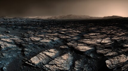 Martian canyon with dark streaks and crystalline ice under cracked surface, dust storm approaching