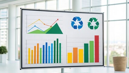 A whiteboard displays colorful bar and line graphs with recycling symbols in a bright, modern office setting.