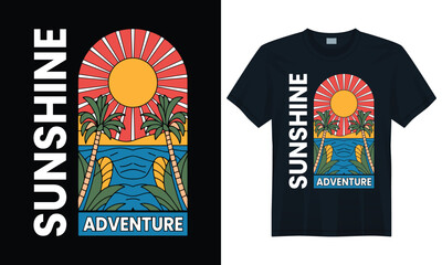 Bright beach and palm tree sunset scene with surfboards and tropical ocean for vacation t-shirt design