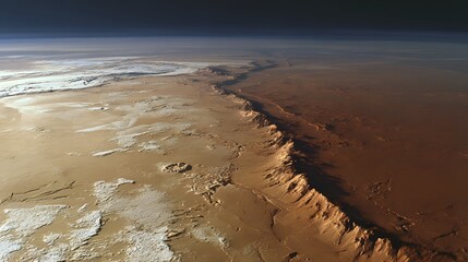 Martian canyon with dark streaks and crystalline ice under cracked surface, dust storm approaching