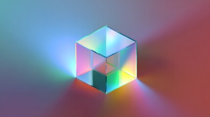 Holographic 3D cube floating in space with light refraction, symbolizing futuristic digital innovation