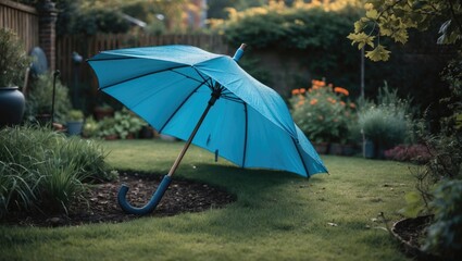 A blue umbrella lying upside down in the garden