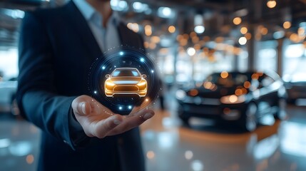 Person Holding Digital Car Icon in Modern Showroom Environment