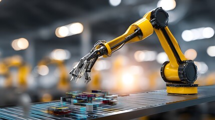 Robotic arm assembling geometric shapes on conveyor belt, showcasing modern automation in manufacturing