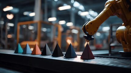 Robotic arm assembling geometric shapes on conveyor belt, showcasing modern automation in manufacturing