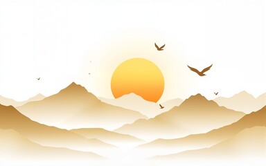 Vector abstract art landscape mountain with birds and sunrise sunset by golden line art texture isolated on white beige background. Minimal luxury style for wallpaper, wall art decoration.