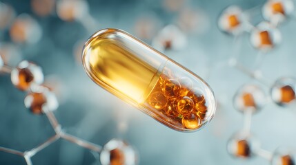 Sunlight through a vitamin D capsule with blurred cells, symbolizing health and longevity science