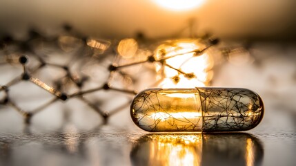 Sunlight through a vitamin D capsule with blurred cells, symbolizing health and longevity science