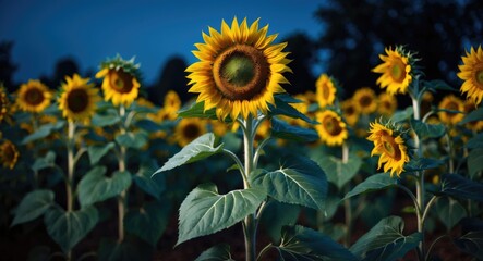 A sunflower blooms in a garden at night.