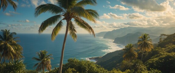 Tropical palm tree in front of an amazing view over the coast with ocean and cliffs. Nature and scenic landscape. The concept of tropical scenery and coastal view.