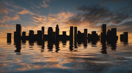 Flooded city skyline at dusk with distorted reflections, symbolizing climate migration and rising waters