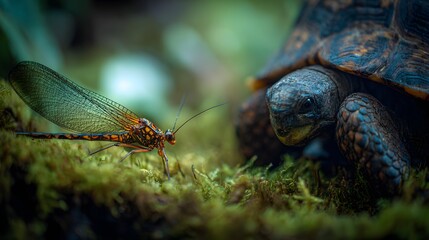 Mayfly wing and tortoise shell on moss, fleeting and enduring life contrasted