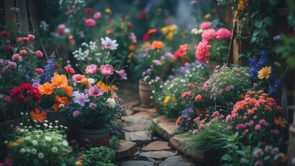 Naklejka premium A Charming Scene Shows The Vibrant Beauty Of The Flowers In A Garden. This Quaint And Delicate Floral Display, Bursting With Colorful Blooms And Fragrant Petals.. With Empty Copy Space For Text