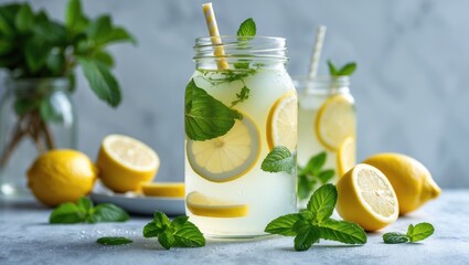 Fototapeta premium A Fresh Lemonade With Lemon And Mint In A Jar with Empty Copy Space For Text