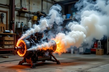 Machine Ignite: An industrial machine erupts in a spectacular display of energy and combustion, with plumes of smoke billowing and flames igniting, creating a scene of raw power and intensity.