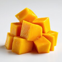 Fresh mango cubes isolated on white background.