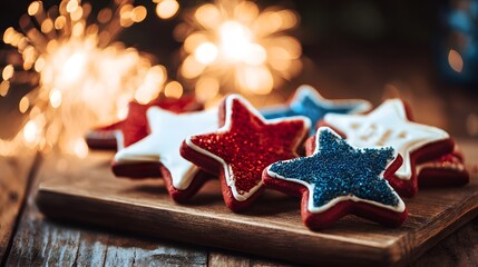 Star-shaped cookies in red, white, and blue, celebrating Independence Day with festive joy