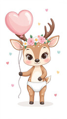 Adorable baby deer illustration holding pink heart balloon. Cute fawn with flower crown, perfect for baby shower invitations or announcements.