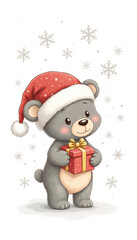 Cute Christmas bear cub in Santa hat holds gift box. Adorable gray bear cub is ready for winter holidays celebration. Festive Christmas illustration for greeting cards and seasonal announcements.