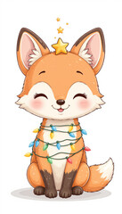 Adorable red fox with Christmas lights garland. Festive fox character design with star on head. Perfect Christmas illustration for greeting cards or children's book.