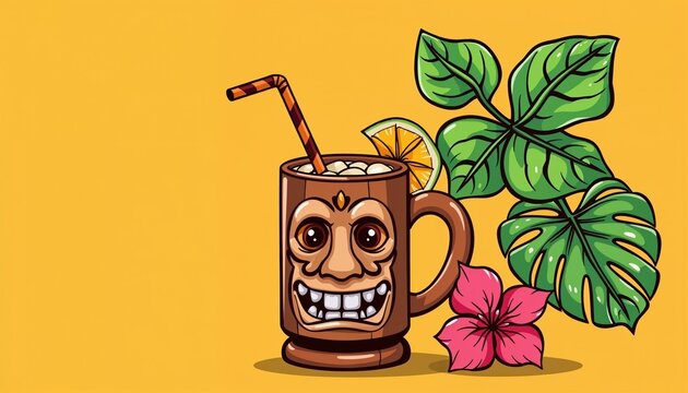 Tropical drink in tiki mug with lemon slice and straw. Refreshing summer cocktail garnished with tropical leaves and hibiscus flower.  Perfect summer drink illustration for bar menu,
