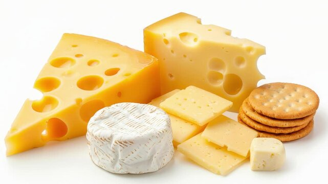Cheese and crackers on white background