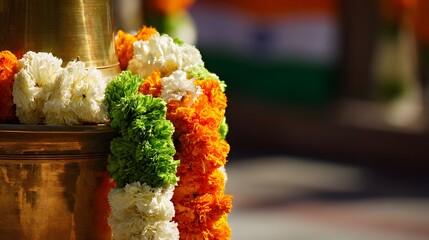Vibrant marigold garlands on a brass urn, symbolizing India's Independence Day pride and celebration