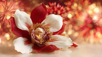 Red and white orchid corsage with golden details, celebrating Singapore National Day with festive elegance