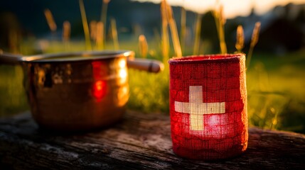 Glowing red Swiss lantern beside cheese fondue, white cross on rustic wood. Celebrating tradition with warmth and alpine charm