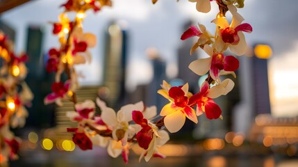 Vibrant red-and-white orchid wreath with golden accents, symbolizing Singapore's national pride and unity