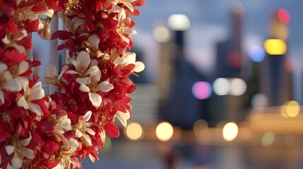 Vibrant red-and-white orchid wreath with golden accents, symbolizing Singapore's national pride and unity