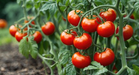 Tomato Plants With Ripe Red Tomatoes Growing Outdoors in a Garden, with Empty Copy Space for Text