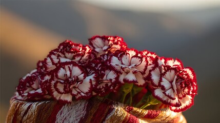 Red-and-white carnations in an Andean pouch, celebrating Peruvian Independence Day with warmth and tradition