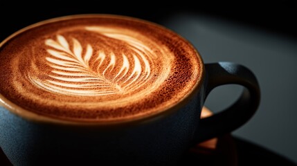 Mug holds latte art displaying leaf with dark background. AI generated.
