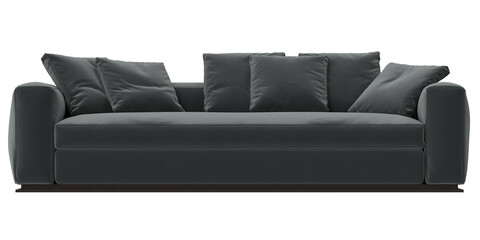 charcoal velvet sofa front view isolated.