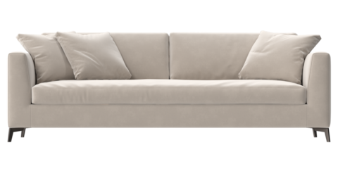 beige fabric sofa front view isolated.