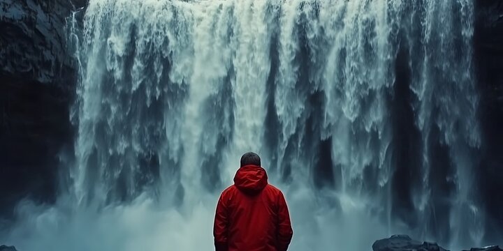 Majestic Waterfall: Person in Red Jacket, Iceland Landscape Photography