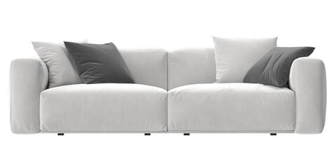 white fabric sofa front view isolated.
