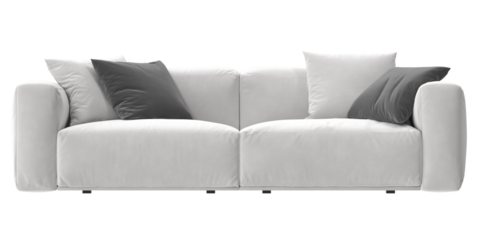 white fabric sofa front view isolated.