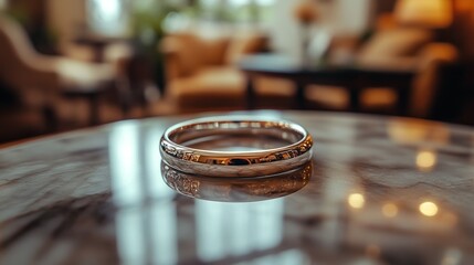 Wedding ring rests on table, luxury hotel room