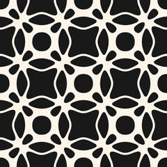 Vector geometric seamless pattern with curved shapes, grid, floral silhouettes, repeat tiles. Monochrome abstract background. Elegant black and white ornament texture. Design for decor, print, textile