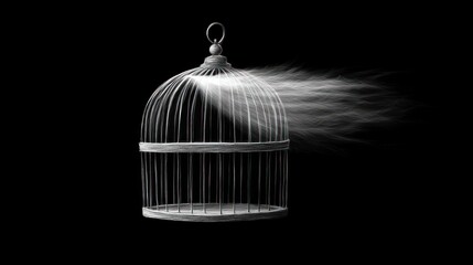 Empty birdcage, freedom, escape, black background, digital art