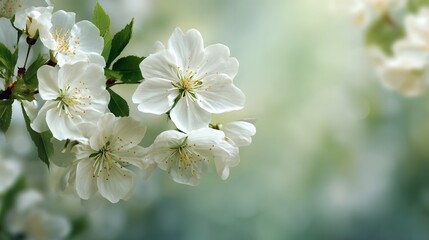 Fototapeta premium Delicate white spring flowers in soft focus surrounded by lush greenery in a peaceful serene natural environment
