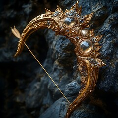 Ornate golden bow with a polished arrow High Resolution Picture